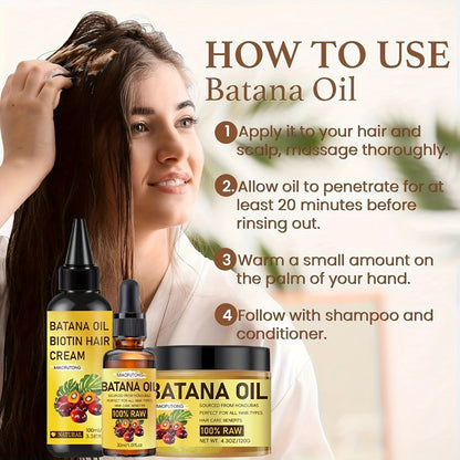 Batana Oil Hair Care Kit 3pcs — Pure Cold-Pressed Honduran Battana Hair Cream, Hair Oil & Essential Oil, Repairs Damage & Adds Shine, Nourishes Scalp, All Hair Types
