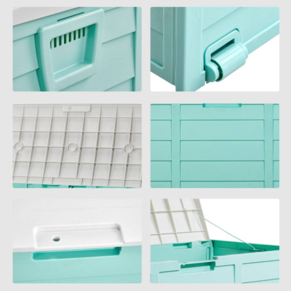 75-Gallon Outdoor Deck Storage Box with Hinged Lid, Side Handles and Pink or Green Options
