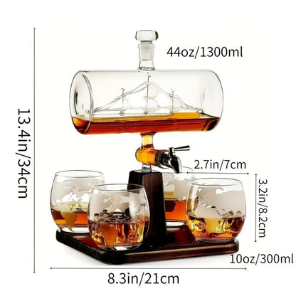 Wine Decanter Set with Glasses 44oz Boat-Shaped Glass Decanter 4 Wine Glasses Wooden Rack Unique Wine Gift Set for Home Bar Birthday