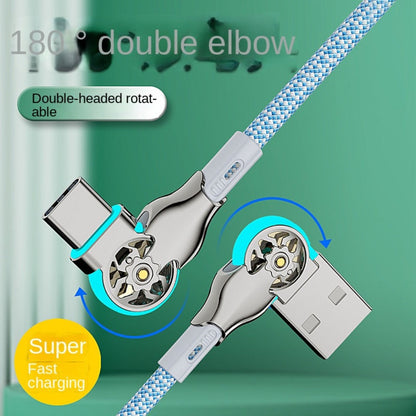 Double-Elbow USB-C to USB-C Cable with Rotating Right-Angle Connectors, Blue LED Accents and 2 m Length