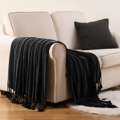 Chenille Fringe Throw Blanket – 180-200gsm Velvety Soft Decorative Throw for Sofa & Couch, Home Decor, 50”×60”, 17 Colors