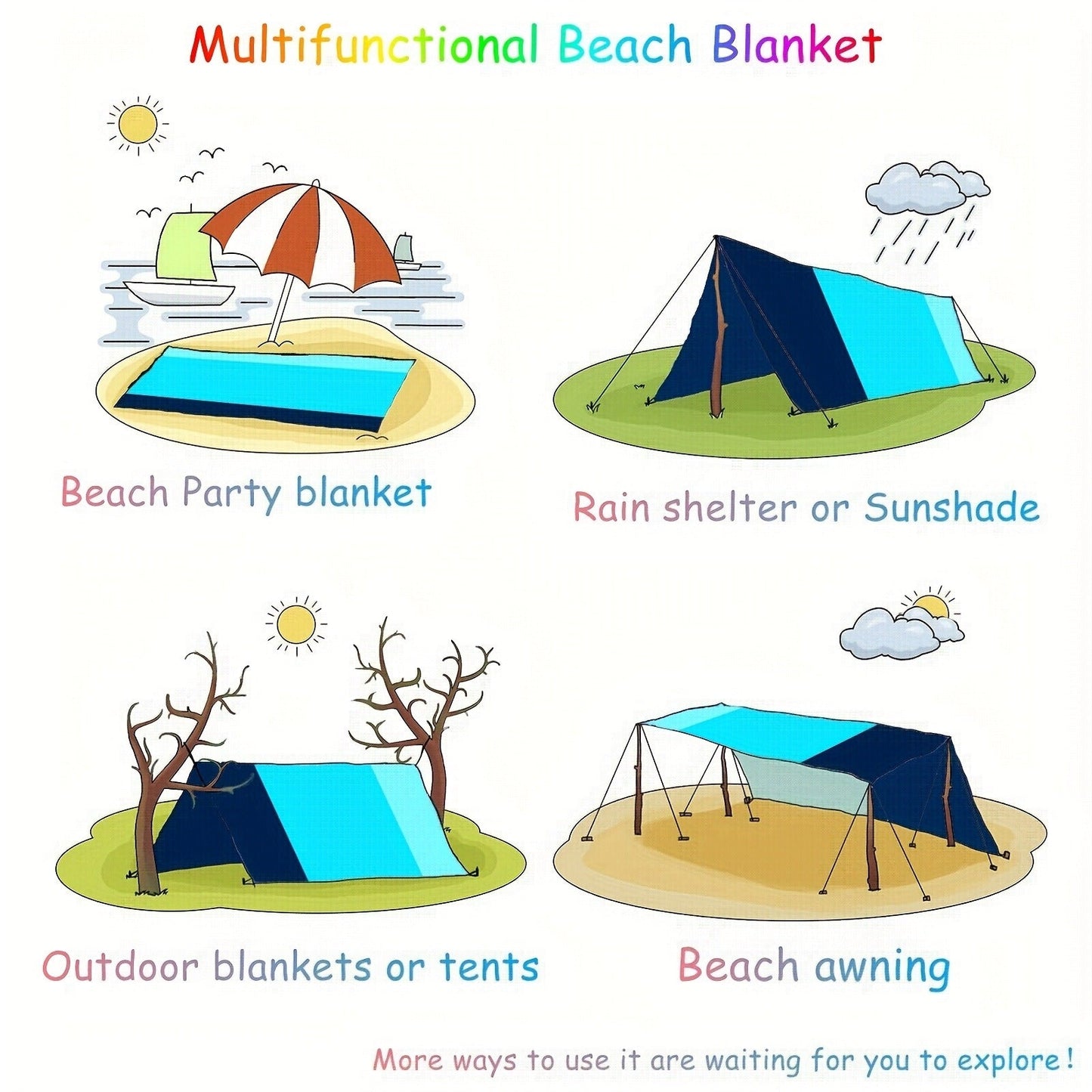 Printed Beach Mat with 19 Exact Size-and-Pattern Options, 198 x 205cm to 275 x 305cm with Stakes and Pouch