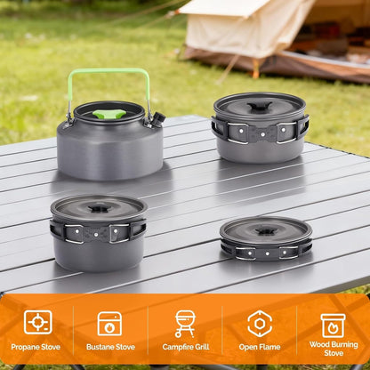 Camping Cookware Set, 19- or 27-Piece Coated Aluminum Mess Kit with Pot, Pan, Kettle, Cups, Plates and Cutlery