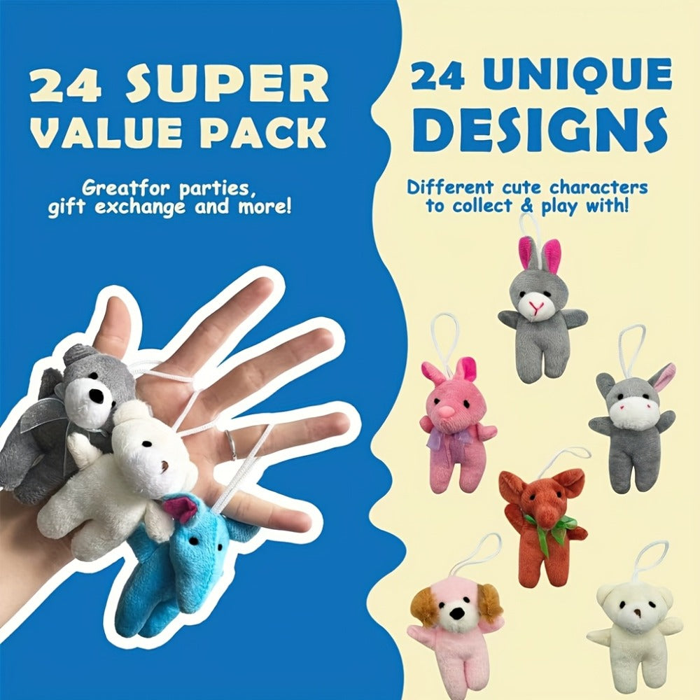 24-Piece Assorted Mini Plush Animal Set with 2–3 Inch Figures, Hanging Loops and Random-Color Option