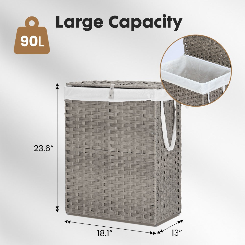 Woven Laundry Hamper with Hinged Lid, Removable Fabric Liner and Side Handles in Two Sizes and Brown or Gray