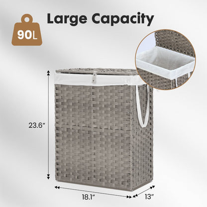 Woven Laundry Hamper with Hinged Lid, Removable Fabric Liner and Side Handles in Two Sizes and Brown or Gray