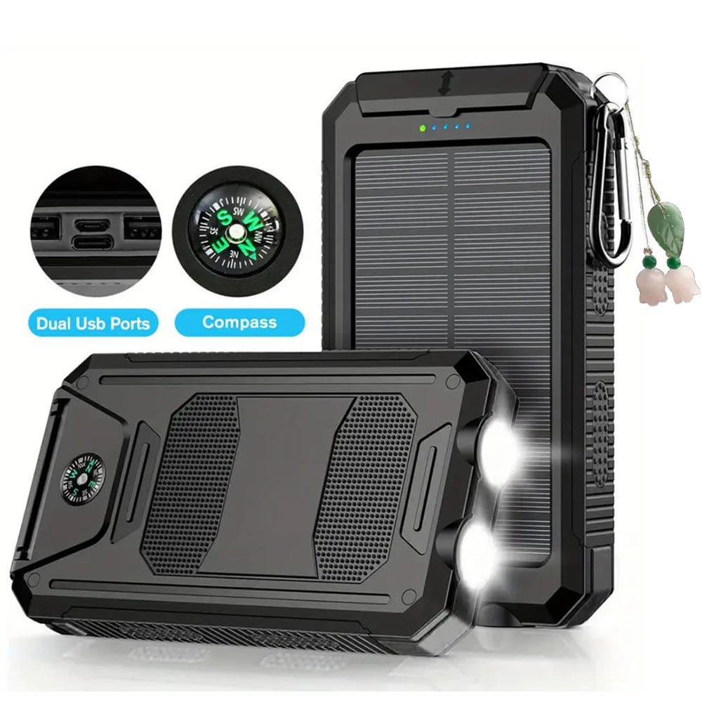 Solar Power Bank, 50000mAh Dual-USB Charger with Solar Panel, Dual LED Flashlights, Compass and Four Colors
