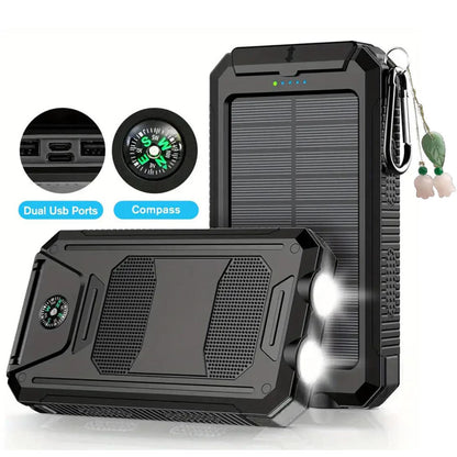 Solar Power Bank, 50000mAh Dual-USB Charger with Solar Panel, Dual LED Flashlights, Compass and Four Colors