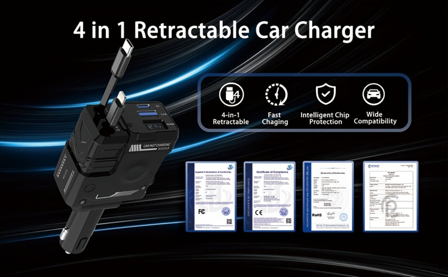 Dual Retractable Cable Car Charger 4-in-1 with Lightning & Type-C 31in, 2 USB-A Ports & Voltage Supervision – Tangle-Free Fast Car Phone Charger for iPhone Samsung Android, Multi Port Car Charging Adapter 4 Colors