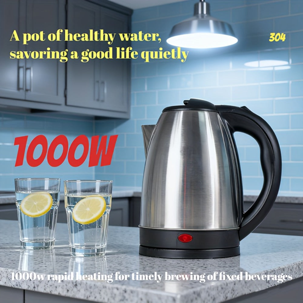 Electric Kettle by LONGADS, 2L 1000W Stainless Steel Body with Seamless Interior and Black Trim