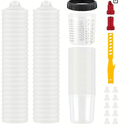 Disposable Paint Spray Gun Cup Liner & Lid System 50-Pack – Includes 50 Cup Liners, 50 Lids, Hard Cup with Retainer Ring, 2 Spray Gun Adapters & Paint Stirrer for Automotive Painting