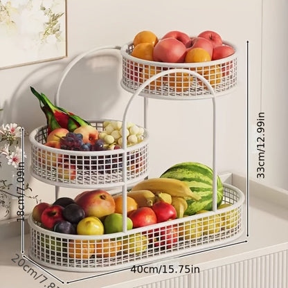 Three-Tier Metal Fruit Basket Stand in White or Black with 15.75-Inch Rectangular Base Tray