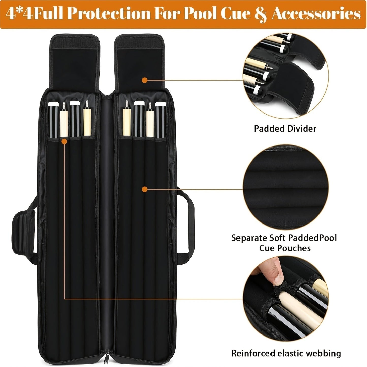 Black Billiard Cue Carrying Case with Backpack Straps, Top Handle and Front Accessory Pockets