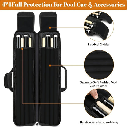 Black Billiard Cue Carrying Case with Backpack Straps, Top Handle and Front Accessory Pockets