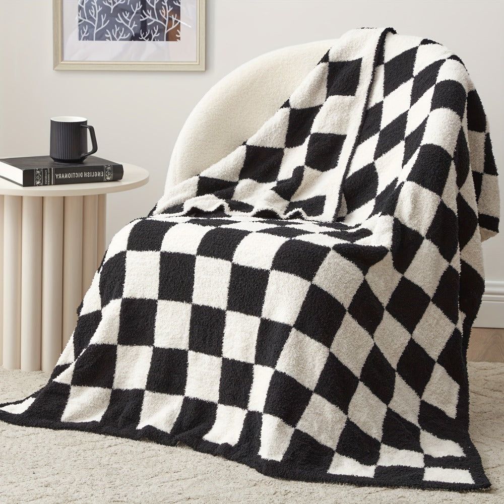 Jacquard Knit Checkered Blanket – Soft Cozy Fluffy Plaid Throw for Couch, Bed & Sofa, All Seasons, 4 Colors, Throw to King Size
