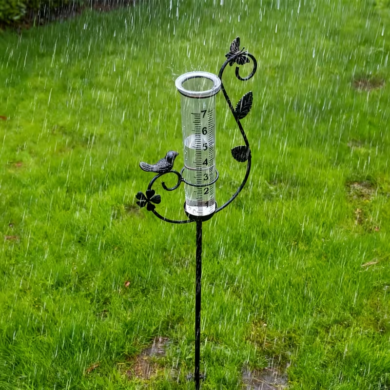 Decorative Eight-Inch Outdoor Rain Gauge with Bird Ornament and Spiral Metal Stake in Black or Bronze
