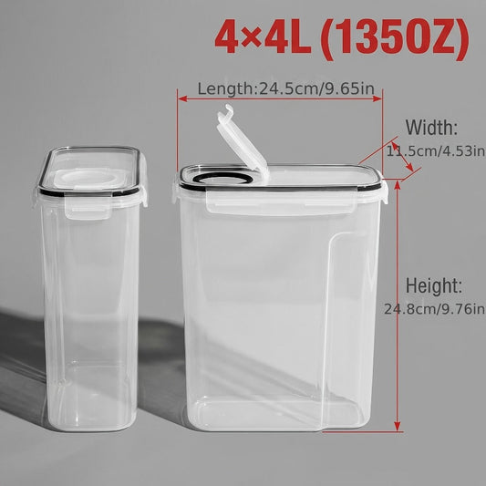 Food Storage Container Four-Pack with 4L Clear Pantry Canisters, Pour-Spout Lids, Labels and Marker