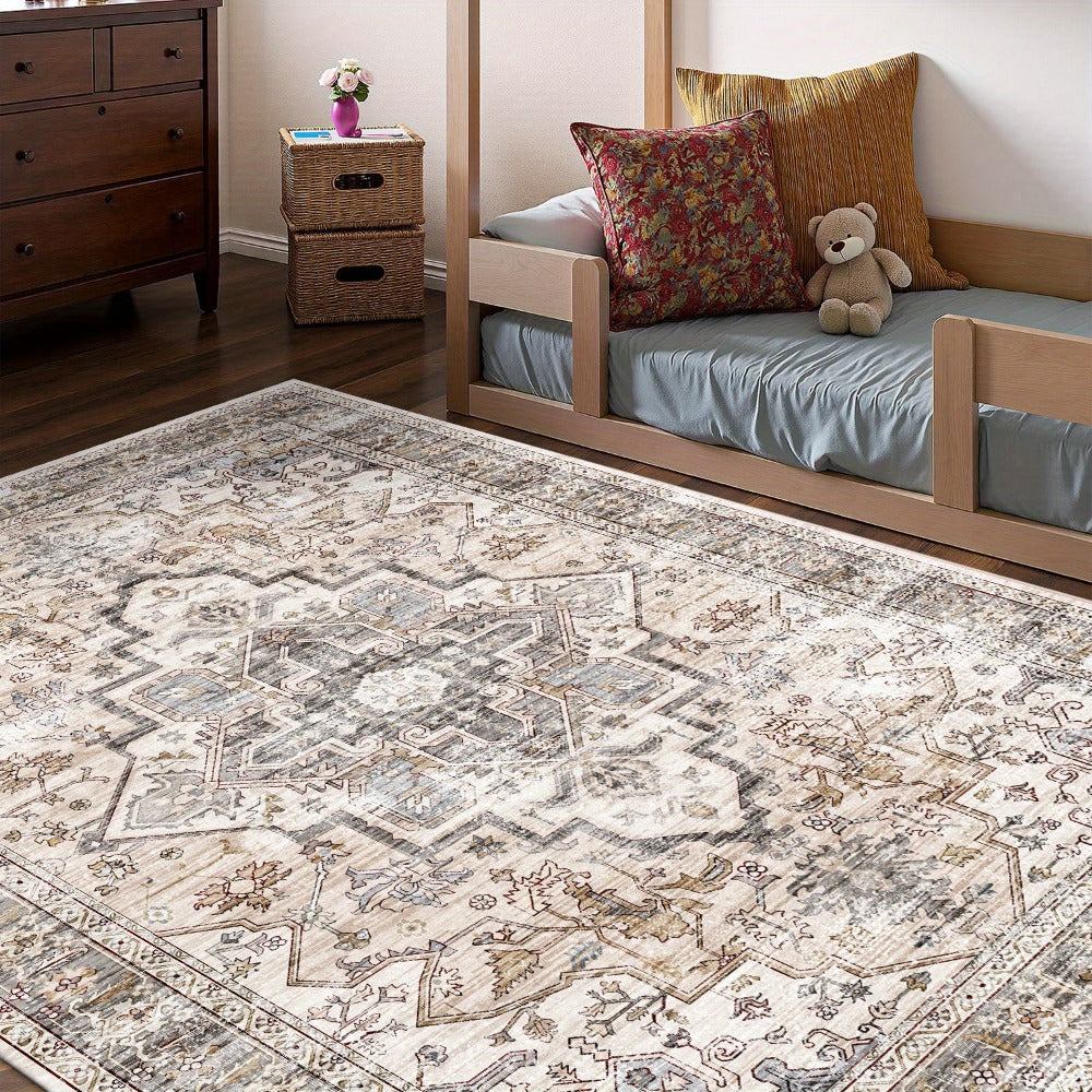Area Rug Bohemian Retro Design in Beige or Grey with Six Foldable Machine-Washable Room Sizes