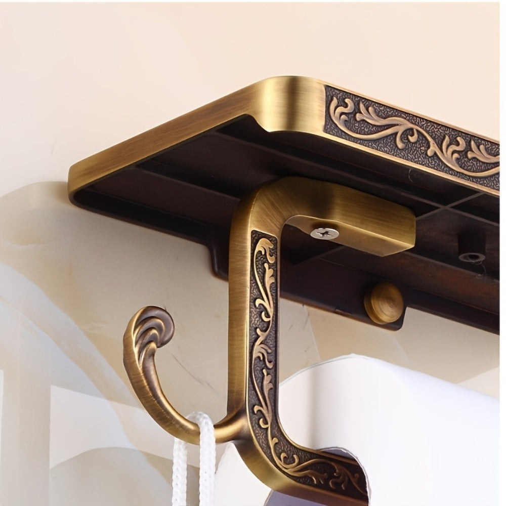 Golden Wall-Mounted Toilet Paper Holder with Embossed Vintage-Style Shelf, Roll Bar and Side Hook