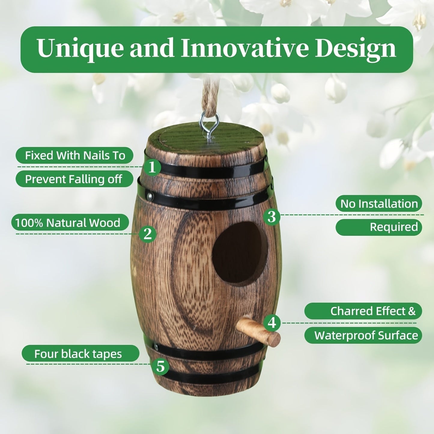 Vintage Barrel-Style Wooden Hanging Birdhouse with Round Entry, Perch, Rope Loop and Dark Wood Finish