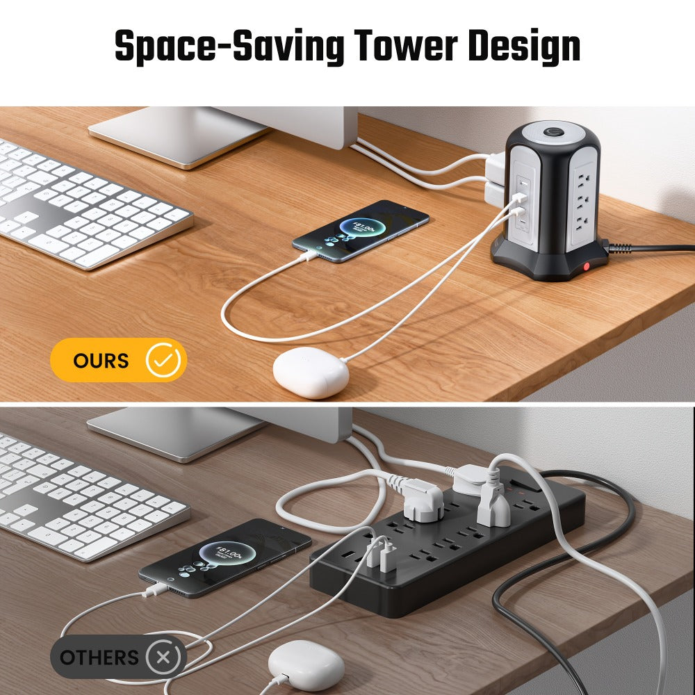 Surge-Protected Power Tower 13-in-1 with Wireless Charger, 9 AC Outlets & 4 USB Ports (2 USB-C PD18W), 1080J Surge Protector, 8ft Extension Cord – Multi-Color for Home Office Dorm