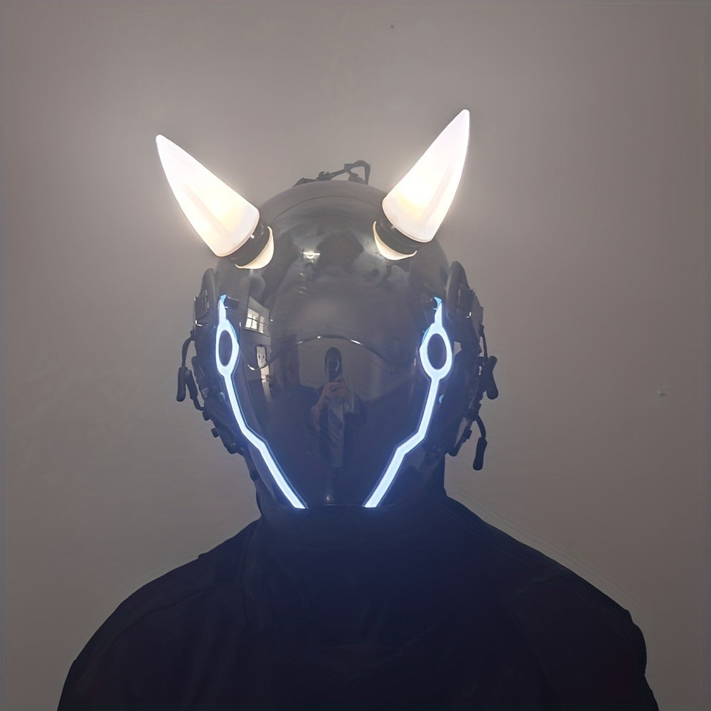 Pink LED Cyberpunk Costume Mask with Horned Full-Face Helmet, Reflective Visor and Lighted Accent Lines