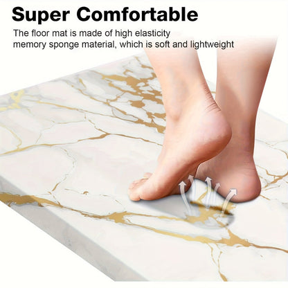 Marble-Pattern Kitchen Floor Mat in Three Exact Rectangular Sizes with Cushioned Low-Profile Form