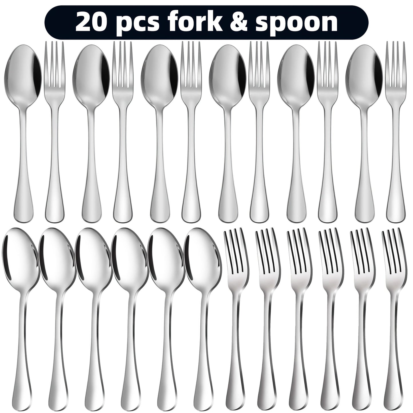 Stainless Steel Flatware Cutlery Set – Mirror Polished, Dishwasher Safe, Silver & Black Options, Service for 4 / 8 / 12 – Kitchen Utensil Set for Home, Restaurant & Wedding Gift