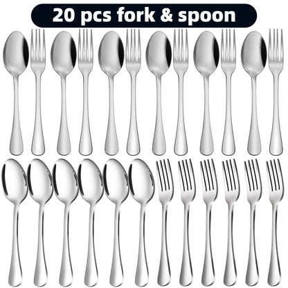 Stainless Steel Flatware Cutlery Set – Mirror Polished, Dishwasher Safe, Silver & Black Options, Service for 4 / 8 / 12 – Kitchen Utensil Set for Home, Restaurant & Wedding Gift