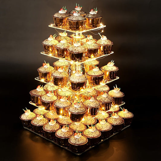 5-Tier Acrylic Cupcake Stand with LED String Lights – Square Dessert Display Tower for 60 Cupcakes Birthday Wedding Baby Shower Tea Party Elegant Transparent Cake Display Rack Easy to Assemble