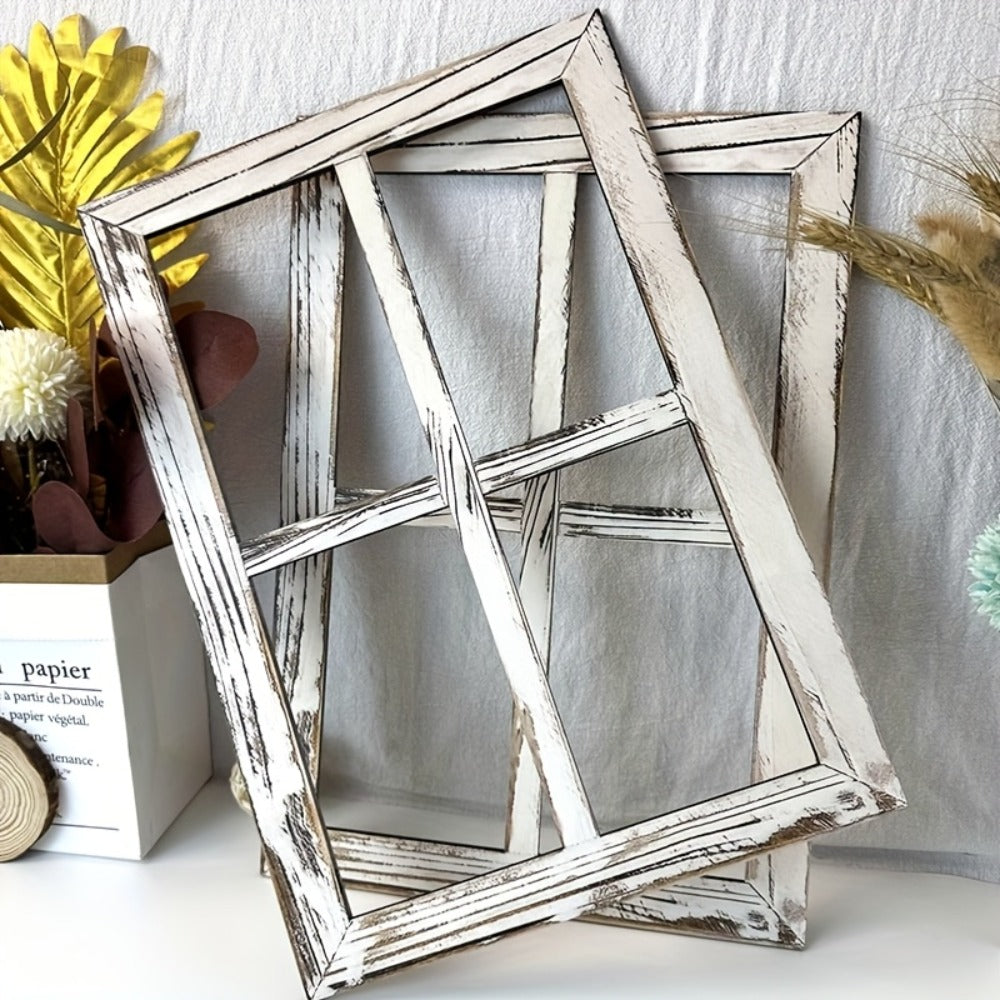 Distressed Wood Window Frame Wall Decor, Two-Piece Set in Rectangular or Arched Styles without Glass
