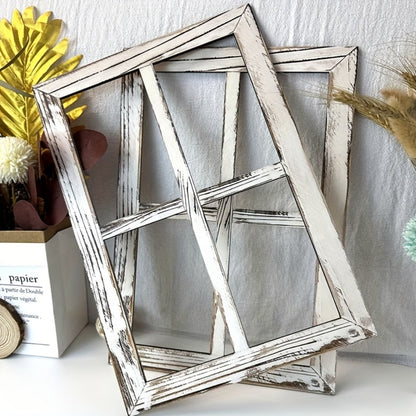 Distressed Wood Window Frame Wall Decor, Two-Piece Set in Rectangular or Arched Styles without Glass
