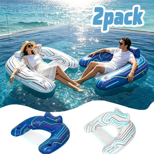 Pool Float U-Shaped Chair Two-Pack with Mesh Center, Headrest, Built-In Cup Holder and Graphic Trim