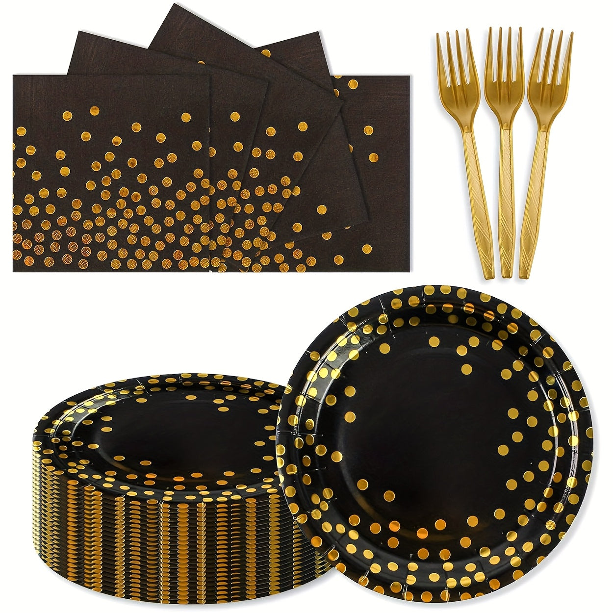 150-Piece Black and Gold Disposable Party Tableware Set with Place Settings for 50 Event Guests