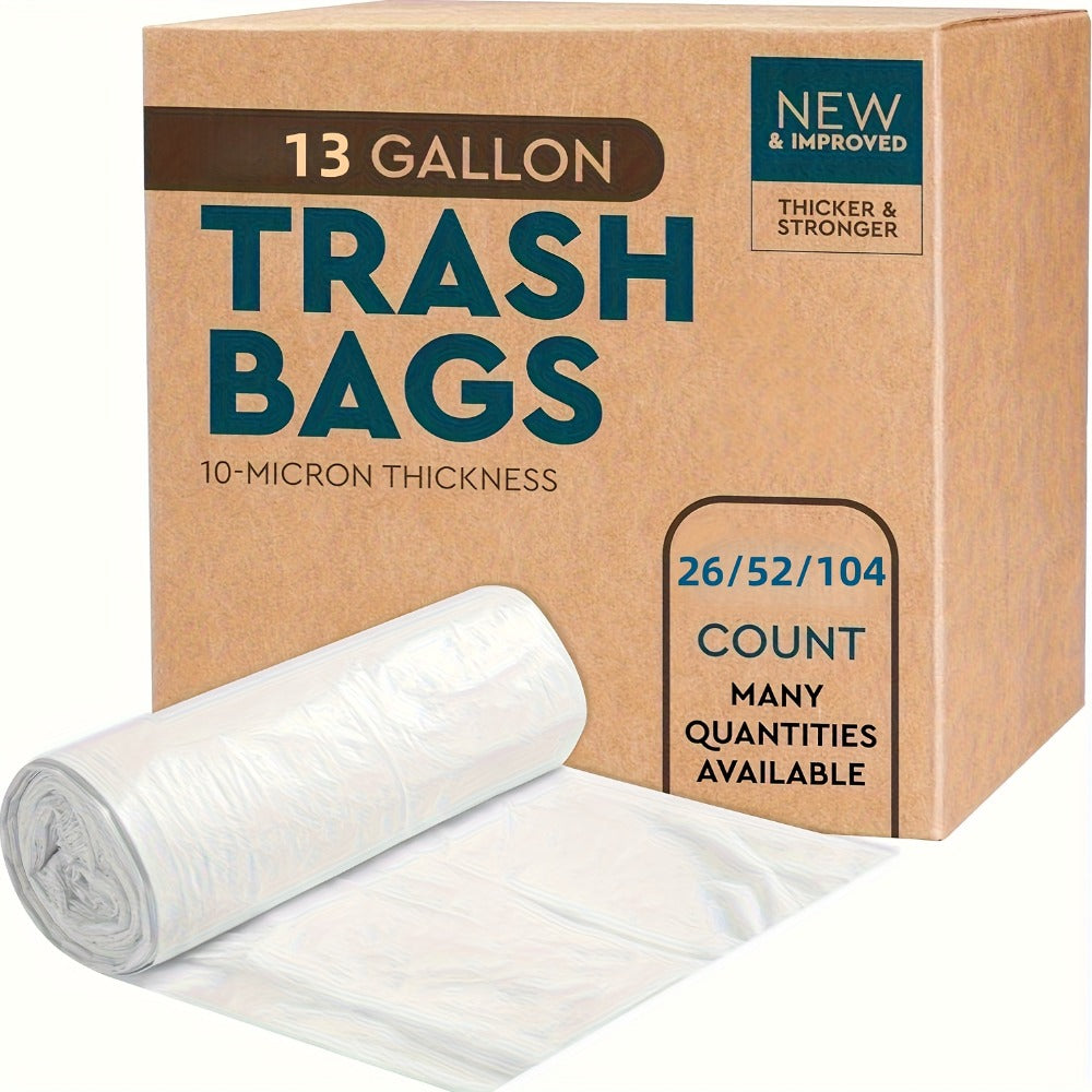 13-Gallon White Garbage Bags in 26, 62 or 104-Count Roll Options for Kitchen, Bathroom and Household Waste Bins