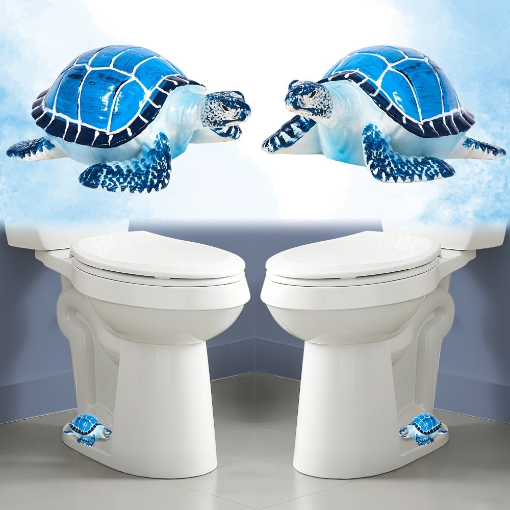 Two-Piece Sea Turtle Toilet Bolt Cover Set in Blue or Green with Hand-Painted Coastal Bathroom Design