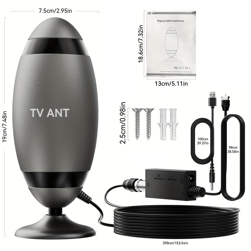 TV Antenna with Metal Oval Receiver, USB-Powered Inline Module, Coaxial Cable and Wall-Mount Hardware