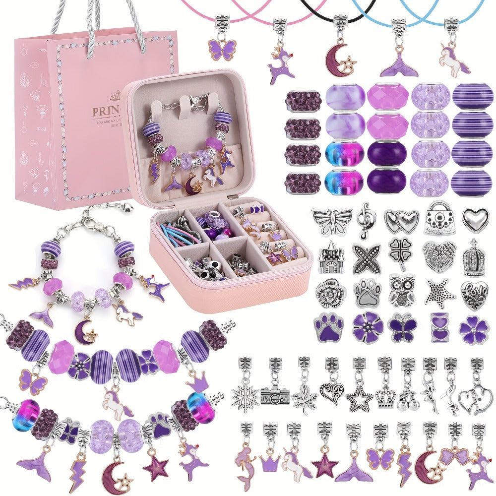 Bracelet Making Craft Kit with Portable Jewelry Box, Beads and Charms in Seven Color or Theme Options