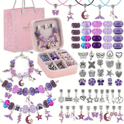 Bracelet Making Craft Kit with Portable Jewelry Box, Beads and Charms in Seven Color or Theme Options