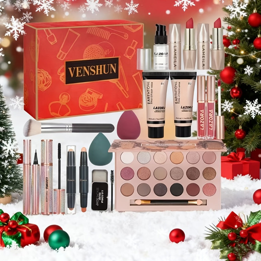 Makeup Kit with 18-Color Eyeshadow Palette, Face, Lip and Eye Cosmetics, Brushes and Tools in a Red Gift Box