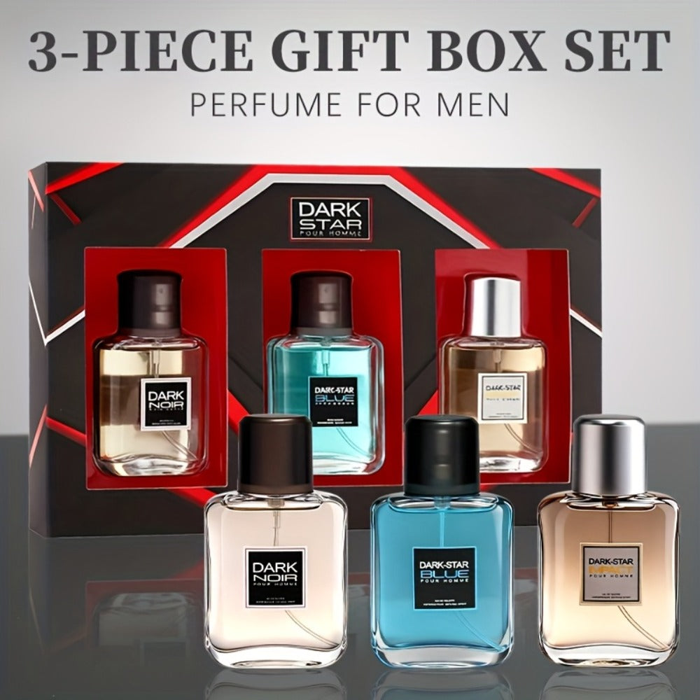 Men's Cologne Gift Set with Three 30ml Eau de Toilette Sprays in Blue, Amber and Clear Glass Bottles