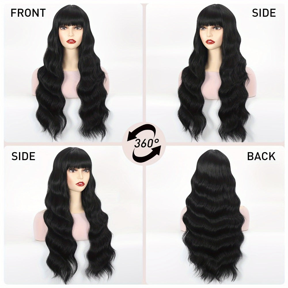 Synthetic Wig 28-Inch Black Body Waves with Bangs and Adjustable Buckle Net Cap for Daily and Party Styling