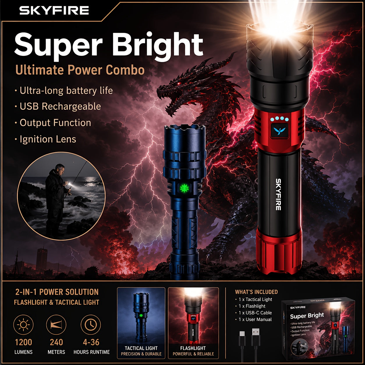 Flashlight Zoomable Rechargeable Cycling Light with Four Modes and Seven Listed Kit Configurations
