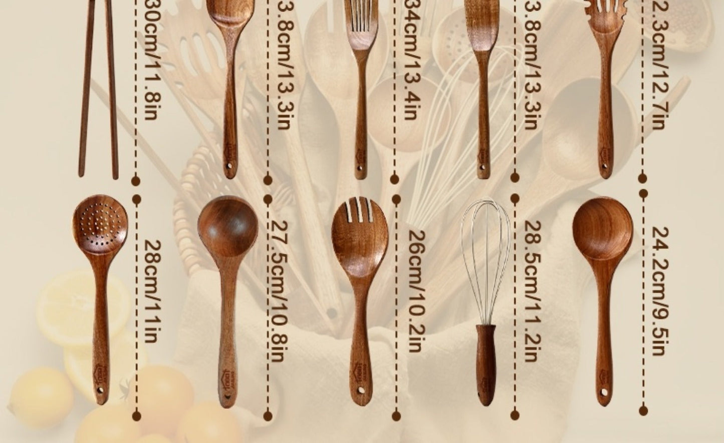 Wooden Spoons for Cooking 10 Pcs – Teak Wood Kitchen Utensils Set, Non-Stick Safe Spatulas & Spoon Cooking Tools