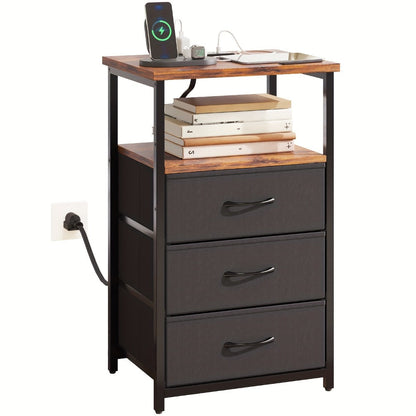 Nightstand Three Fabric Drawers with Charging Station, Open Shelf and Optional LED Configuration