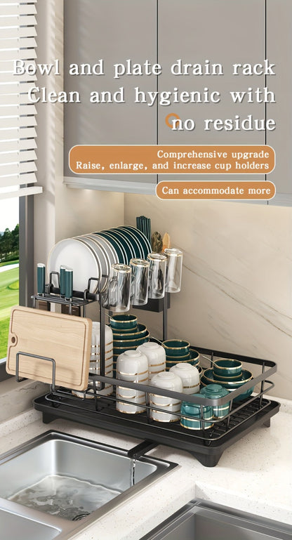 Two-Tier Dish Drying Rack, Metal Countertop Organizer with Cutlery Holder, Cup Holder and Drip Tray