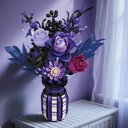1218-Piece Gothic Flower Bouquet Building Block Model with Mixed-Color Blooms and Brick-Built Vase