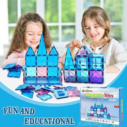32-Piece Blue and Purple Magnetic Tile Castle Set with Squares, Triangles and Window Pieces