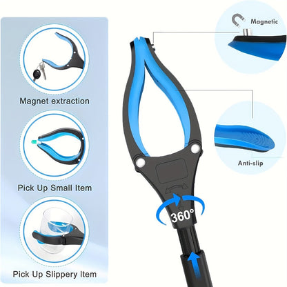 Thirty-Two-Inch Foldable Grabber Reacher Tool with Rotating Jaw, Magnetic Tip and Two- or Four-Piece Blue Sets