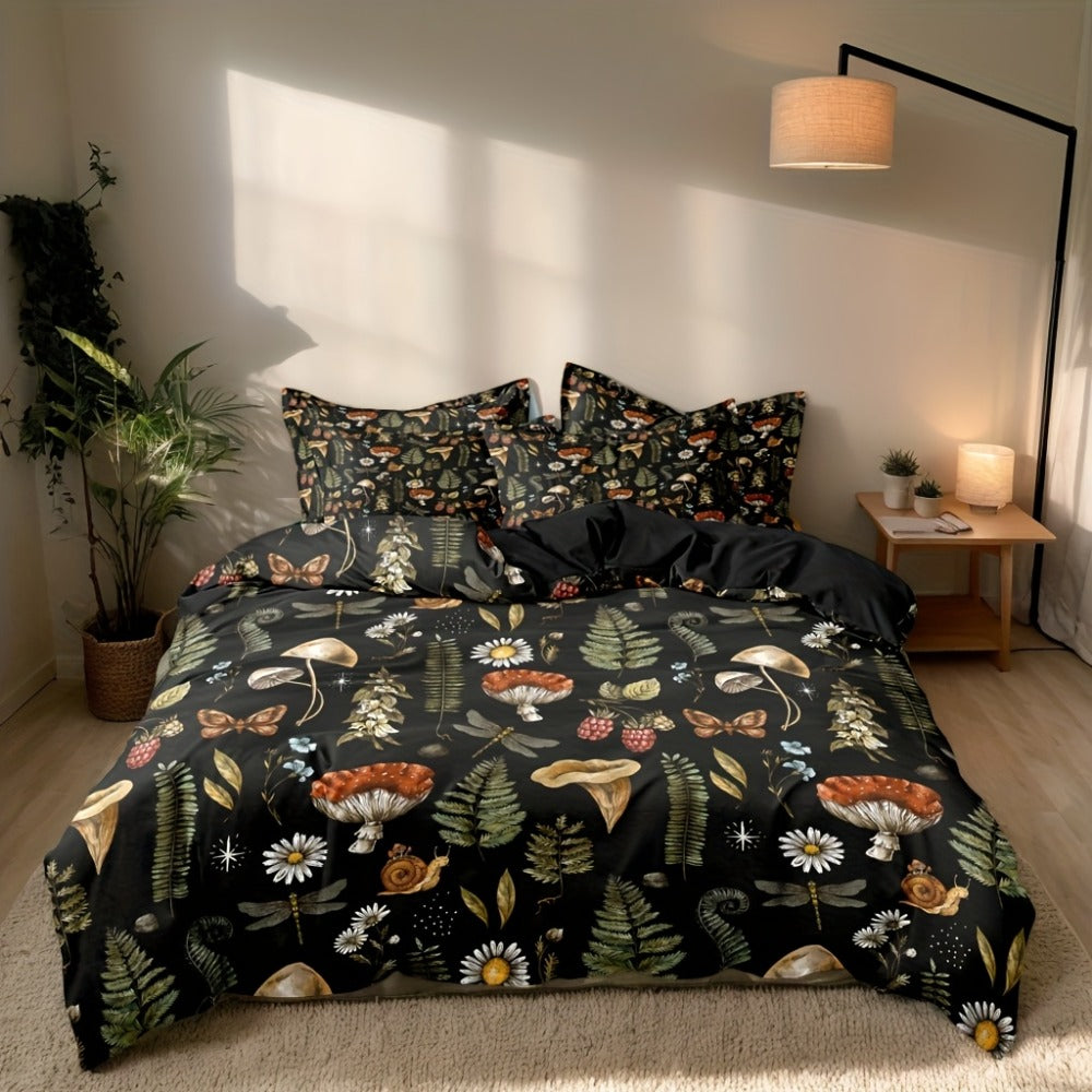 3-Piece Duvet Cover Set with Forest Mushroom and Leaf Print, Zipper Closure and Twin to King Sizes